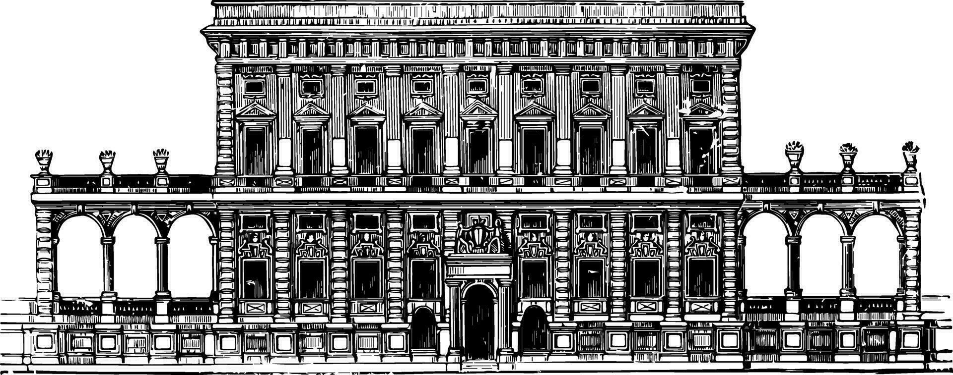 Facade of the Tursi to Doria Palace at Genoa vintage engraving. vector