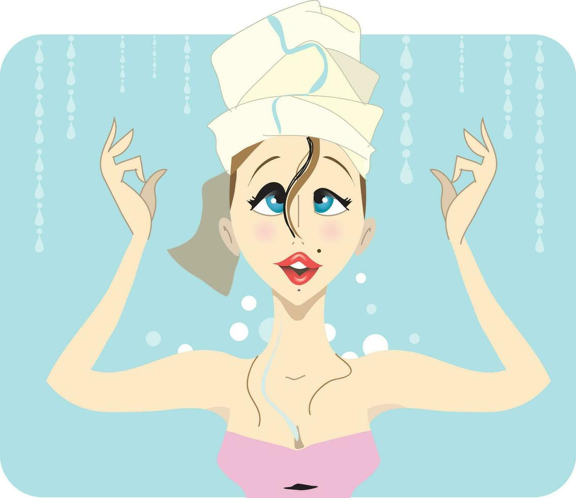 Young brunette taking a shower with curly hair vector