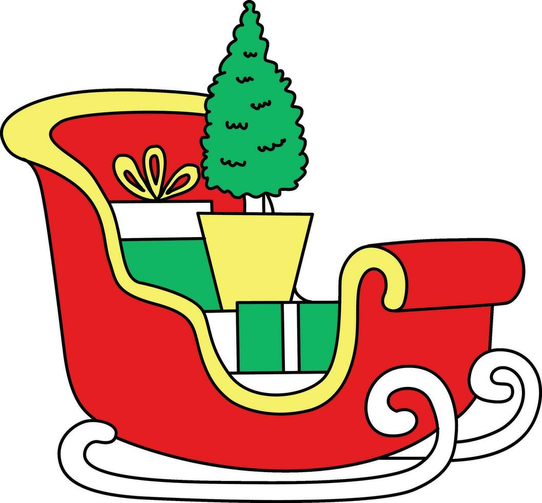 The sleigh is pulled by Santa Claus. A cartoon depicting an ice sleigh pulling Santa Claus's gifts. The hand-drawn cartoon illustrates Santa Claus's journey with a sleigh, tied to reindeer vector