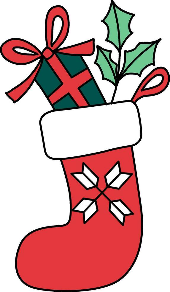 Hand-drawn cartoons decorated Christmas themes, such as stocking stuffers. cartoons depict stockings for Santa Claus, filled with gifts. The stockings hang holly, candy canes, and snowflakes. vector