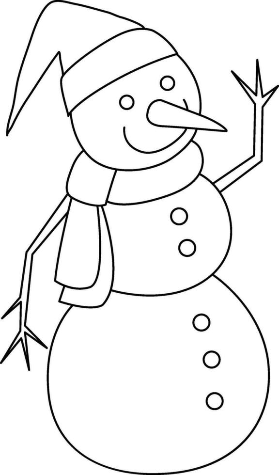 monigote de nieve dibujos animados dibujado con sencillo líneas. el monigote de nieve tiene rama brazos, usa un sombrero, y es adornado para Navidad con un alegre monigote de nieve dibujos animados teniendo divertido en Navidad día. vector