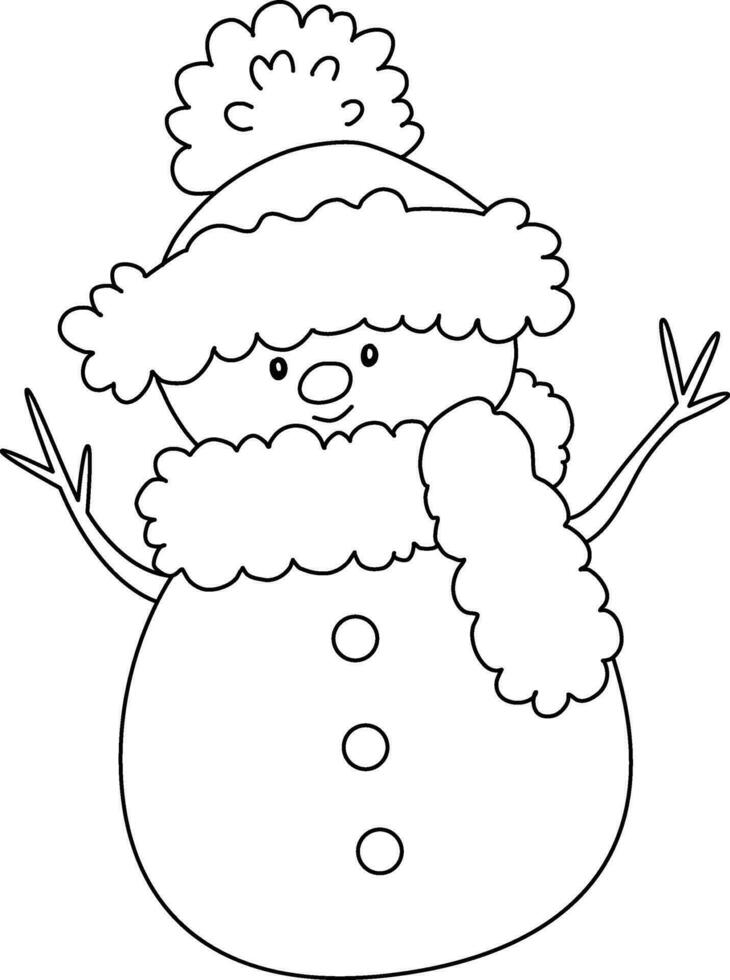 Snowman cartoon drawn with simple lines. The snowman has branch arms, wears a hat, and is adorned for Christmas with a cheerful Snowman cartoon having fun on Christmas day. vector