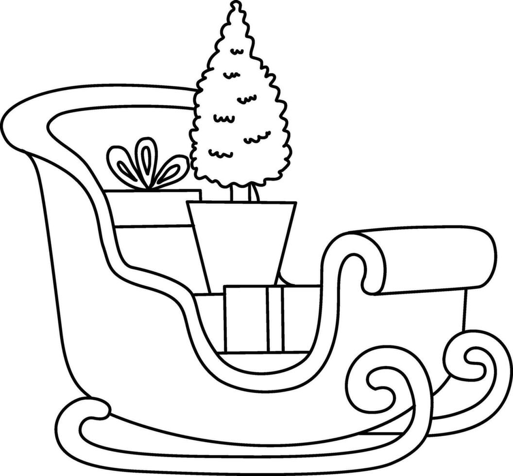 el trineo es tirado por Papa Noel noel un dibujos animados garabatear representando un hielo trineo tracción Papa Noel de claus regalos. el dibujado a mano dibujos animados ilustra Papa Noel de claus viaje con un trineo, atado a reno vector