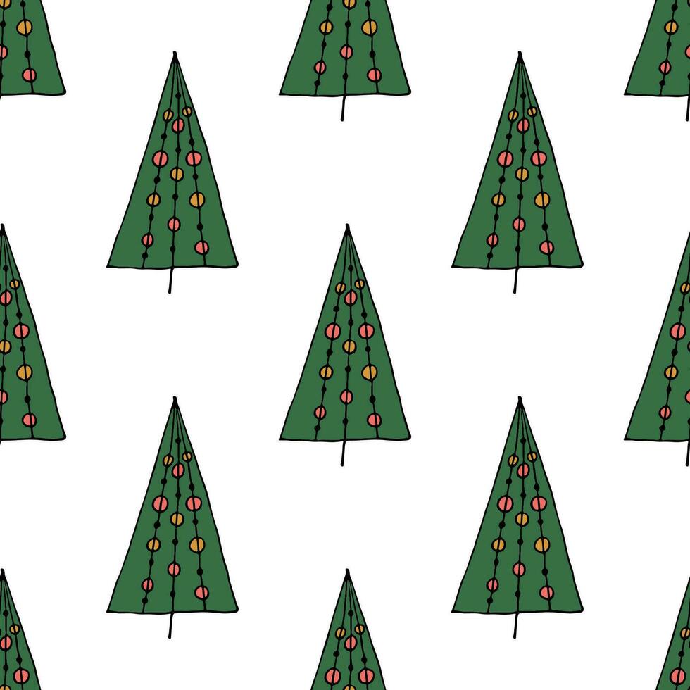 Seamless pattern with geometric minimal scandinavian Christmas tree doodle for decorative print, wrapping paper, greeting cards and fabric vector