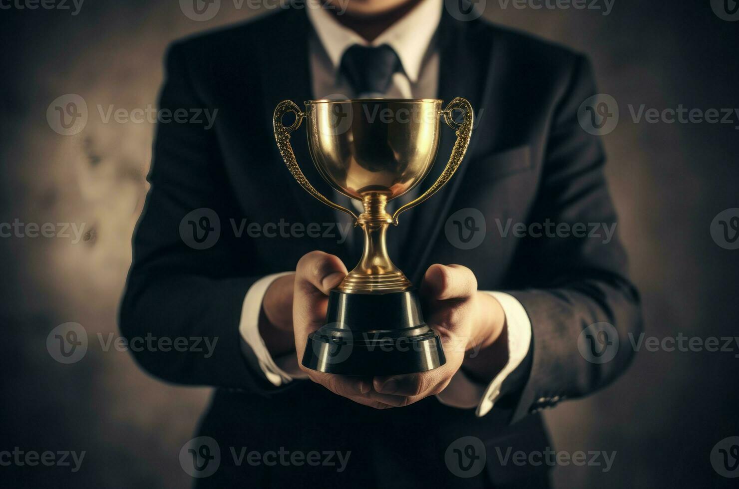 AI generated Businessman holding golden trophy. Generate ai photo