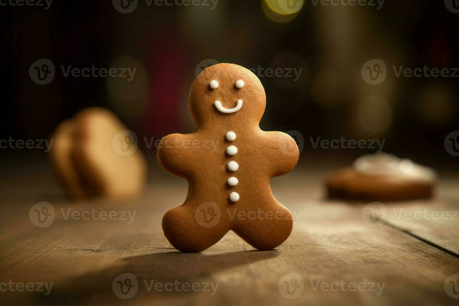 ai generado pan de jengibre Galleta hombre en de madera mesa. generar ai foto