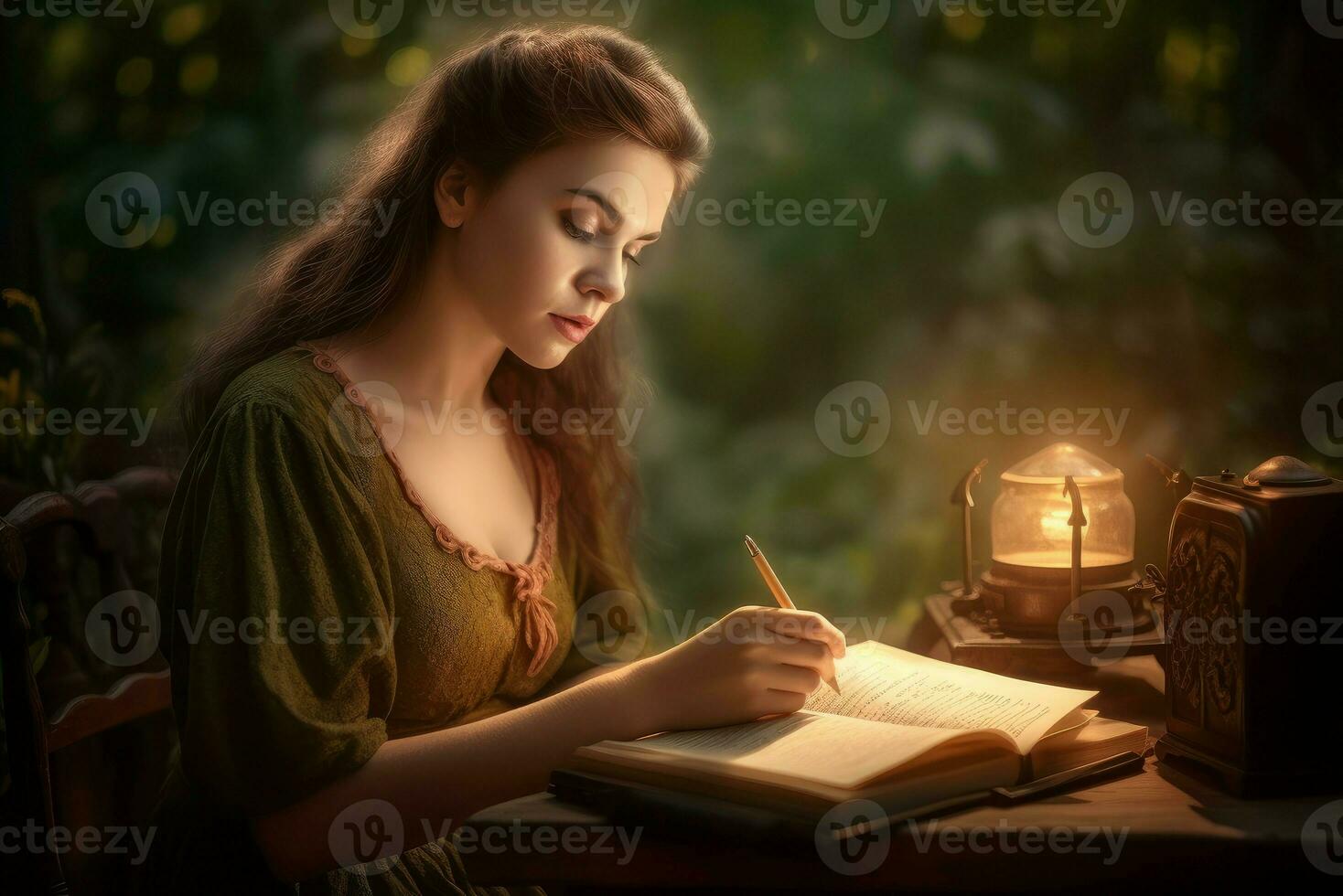 AI generated Female write letter in nature with lamp. Generate ai photo