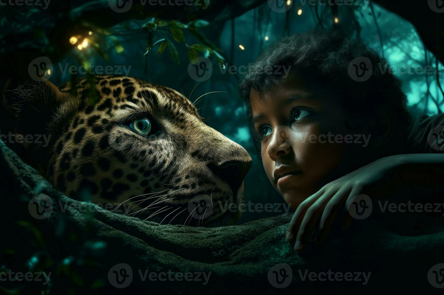 ai generado oscuro selva escena de asustado chico con leopardo animal. generar ai foto