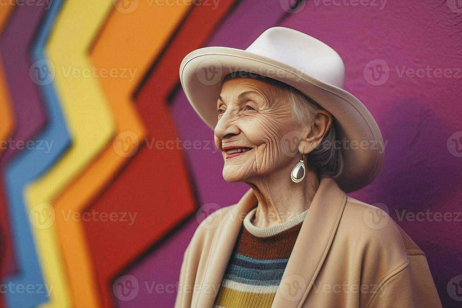 ai generado elegante mayor mujer en elegante ropa y sombrero. generar ai foto