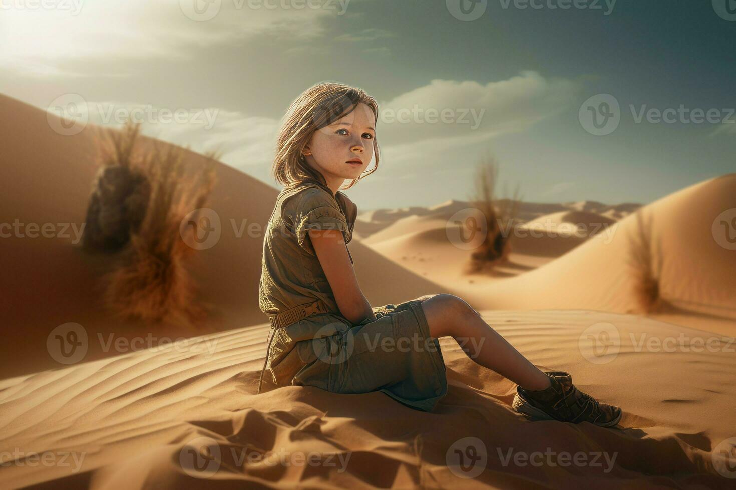 ai generado niña sentado en medio arena duna. generar ai foto