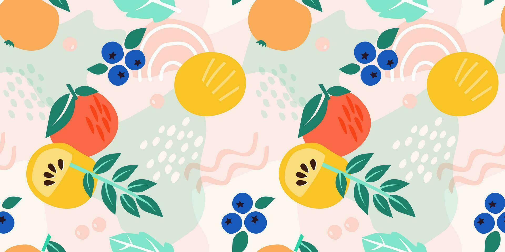 Seamless pattern with abstract fruits and berries. Summer bright print with apples, oranges, blueberries. Vector graphics.