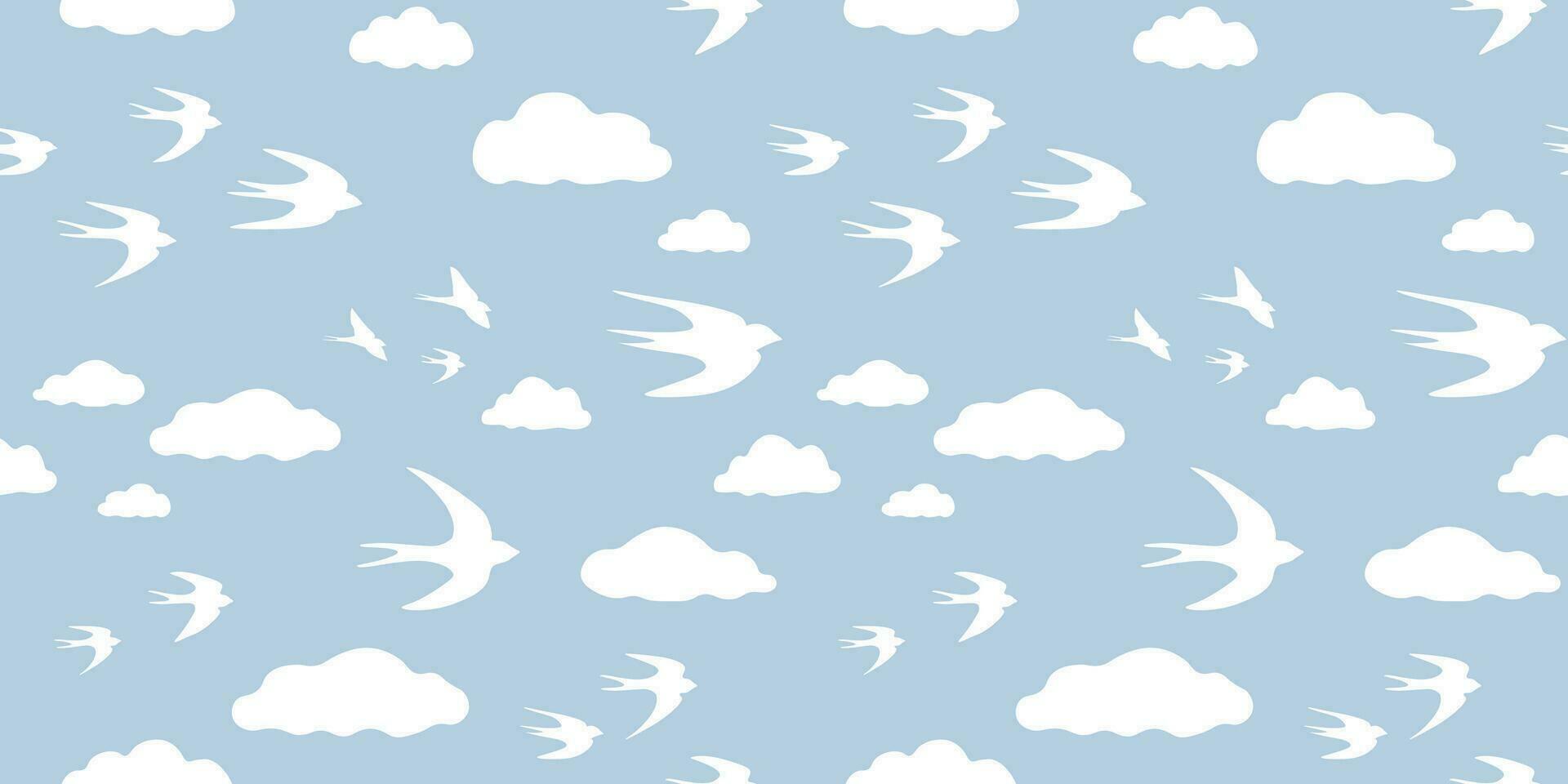 Seamless pattern with abstract silhouettes of birds, swallows, clouds against the sky. Vector graphics.