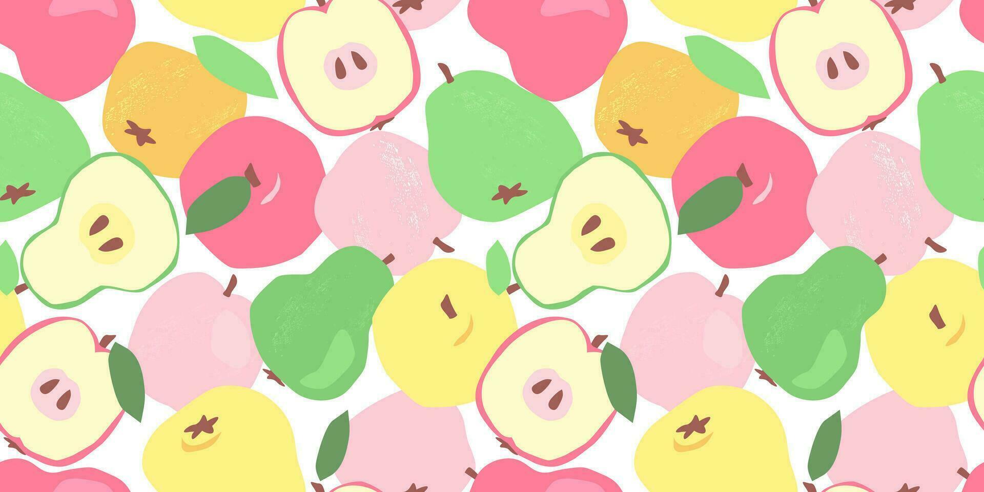 Seamless pattern with juicy ripe fruits. Summer print with abstract apples and pears. Vector graphics.