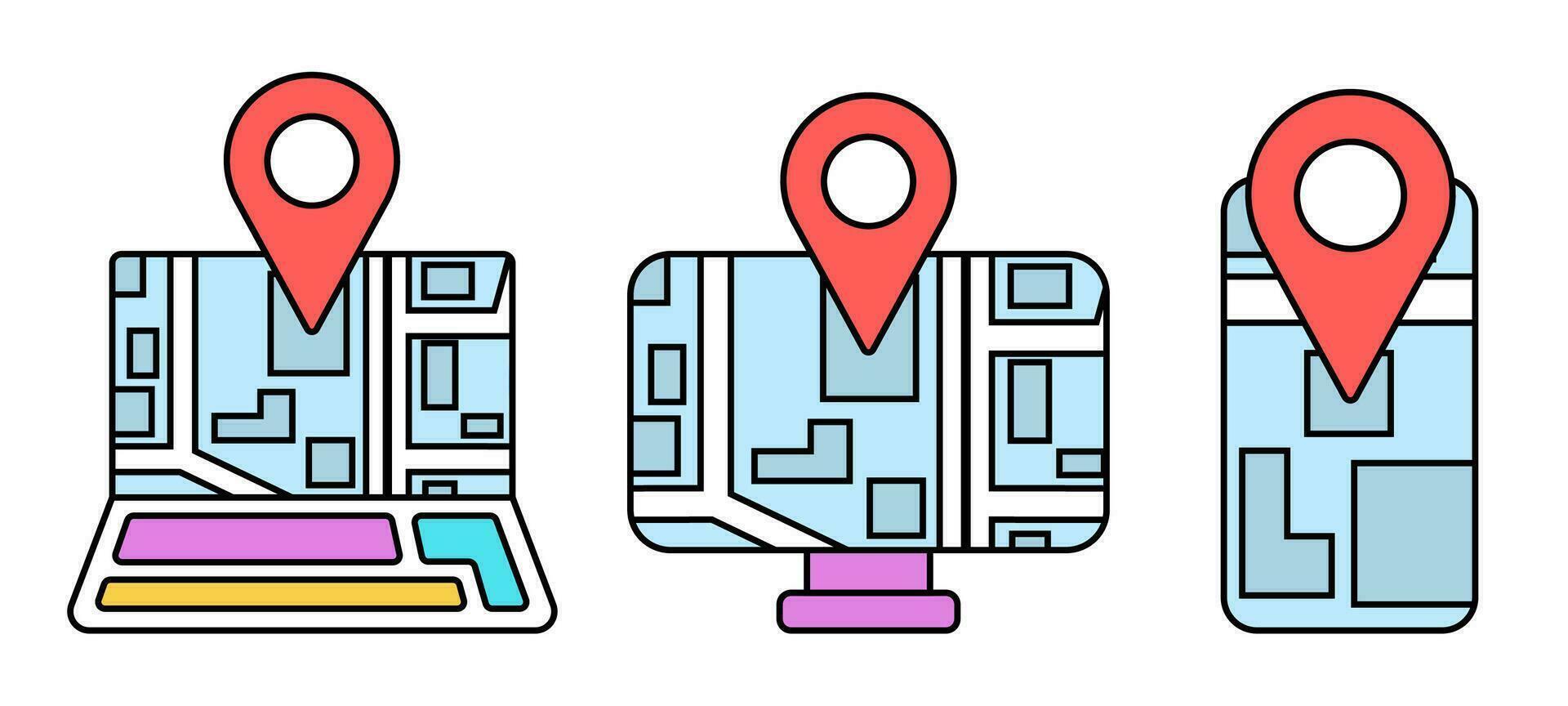 ubicación de el marcador en mapa en computadora portátil, escritorio, teléfono. geolocalización íconos conjunto vector