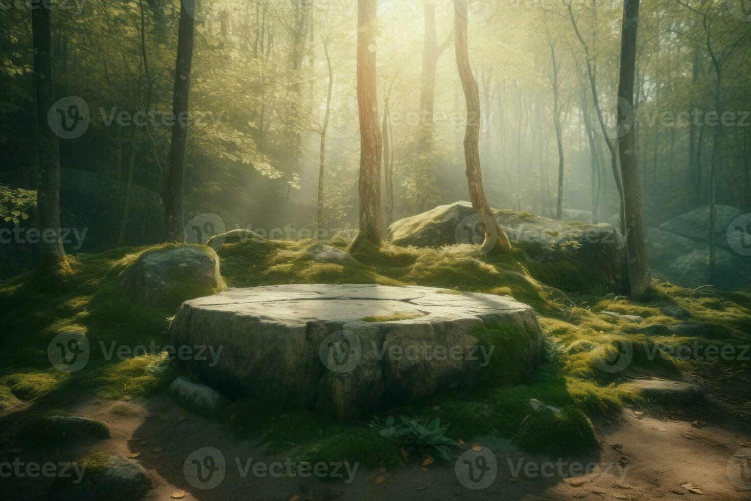 AI generated Flat stone podium in forest. Generate ai photo