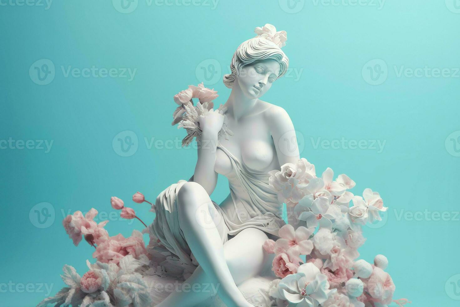 AI generated Female elegant white sculpture spring flowers. Generate ai photo