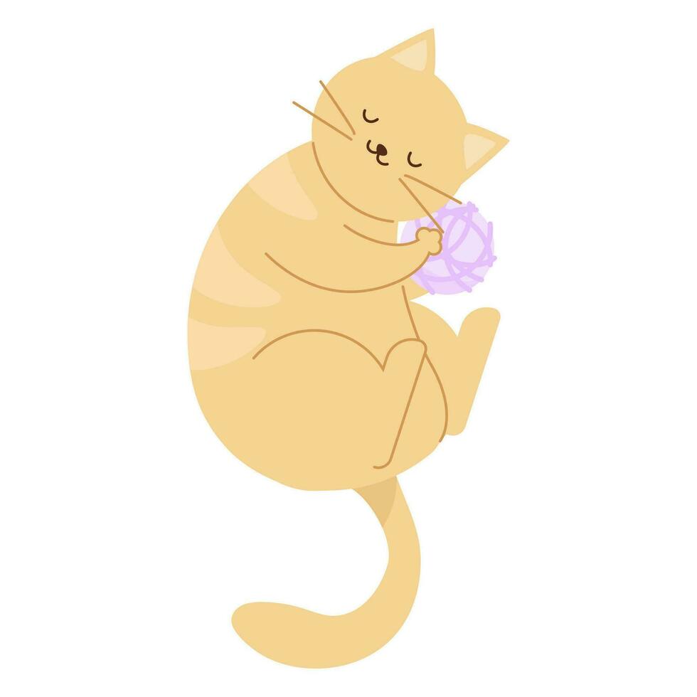 Cute beige cat lies with a ball of yarn in its paws vector