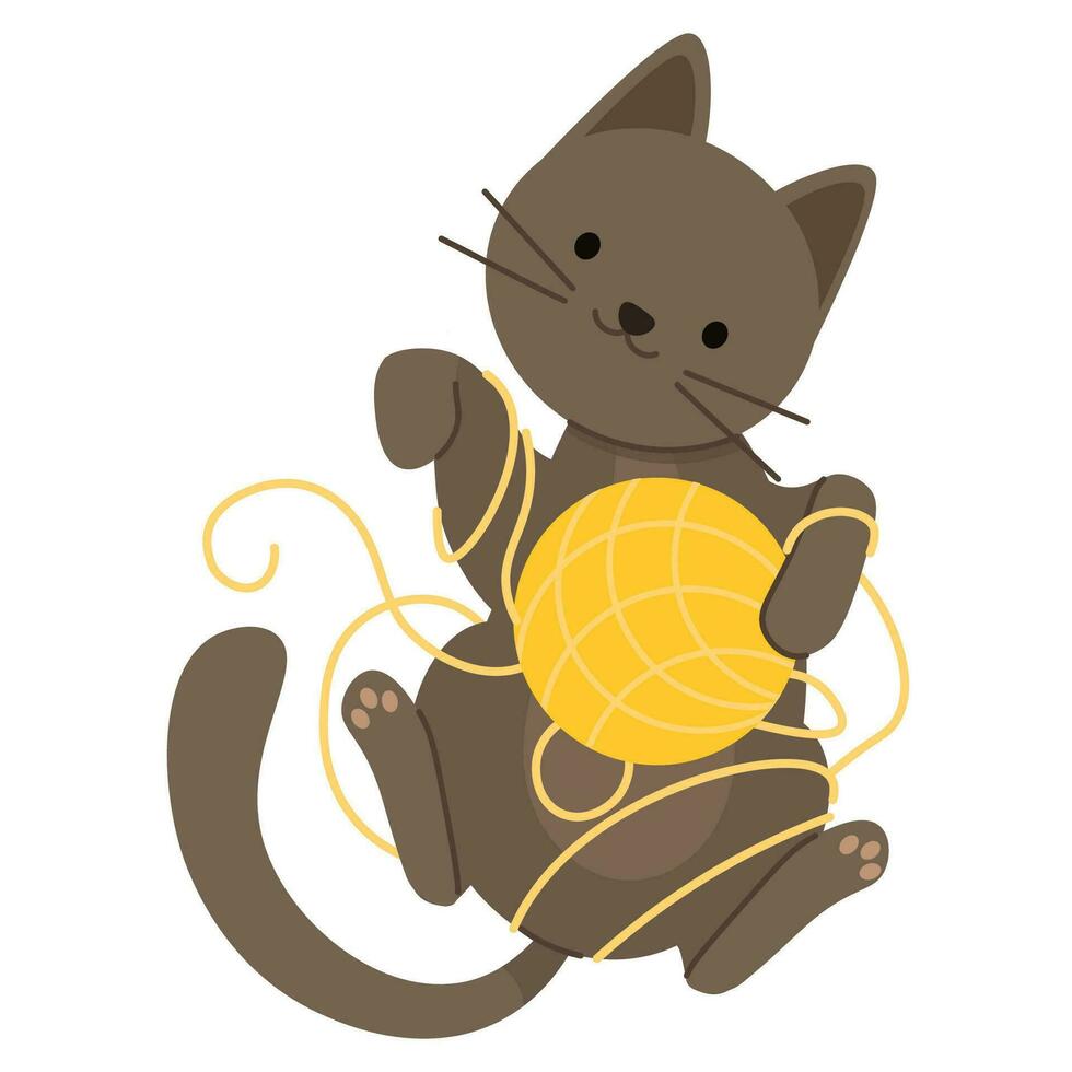 Cute gray cat lies on its back tangled in threads vector