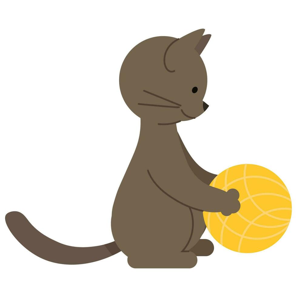 linda gris gato sentado participación un amarillo pelota de hilo vector