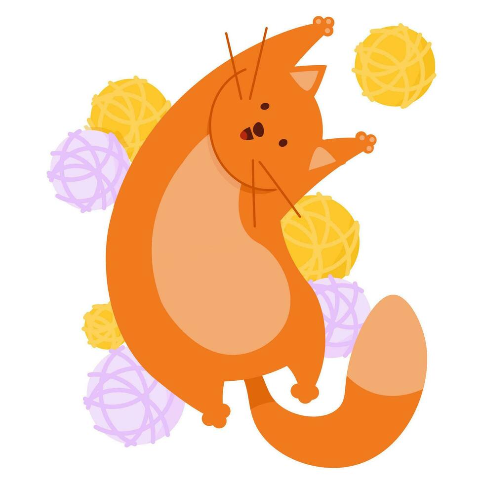 Cute big red cat lies with balls of yarn vector