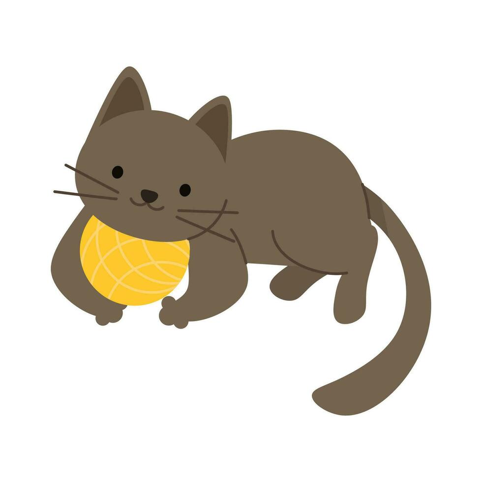 linda pequeño gatito mentiras siguiente a un amarillo pelota de hilo vector