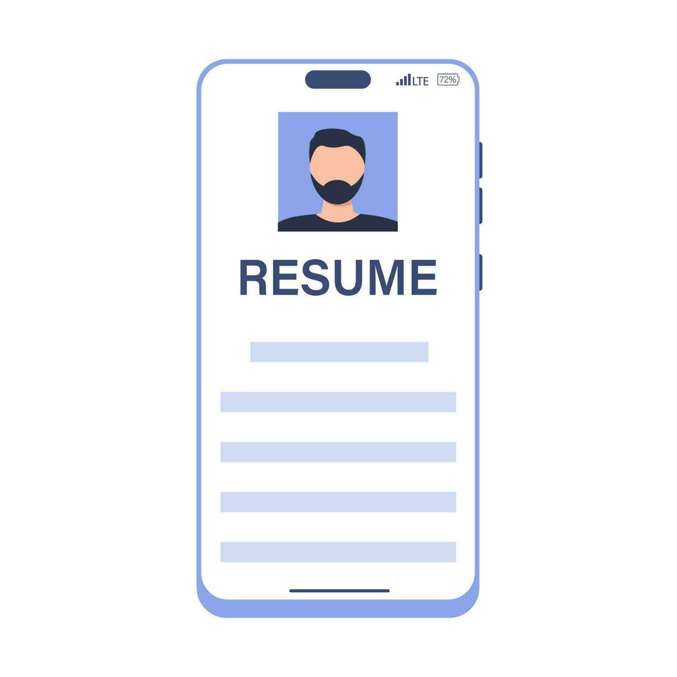 Resume of a young potential worker on the phone screen. Vector modern illustration
