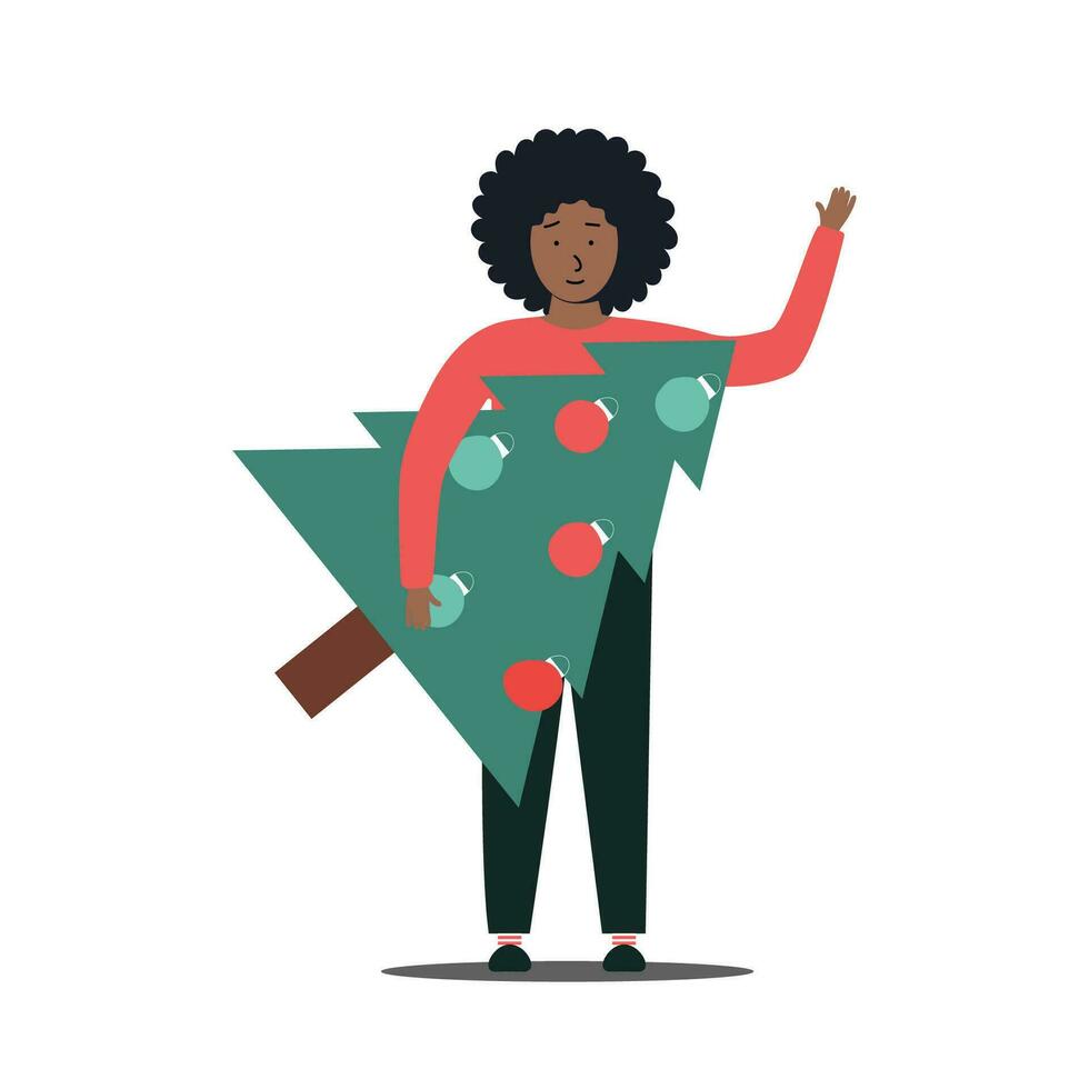 Christmas illustration with a happy girl holding a Christmas tree. vector