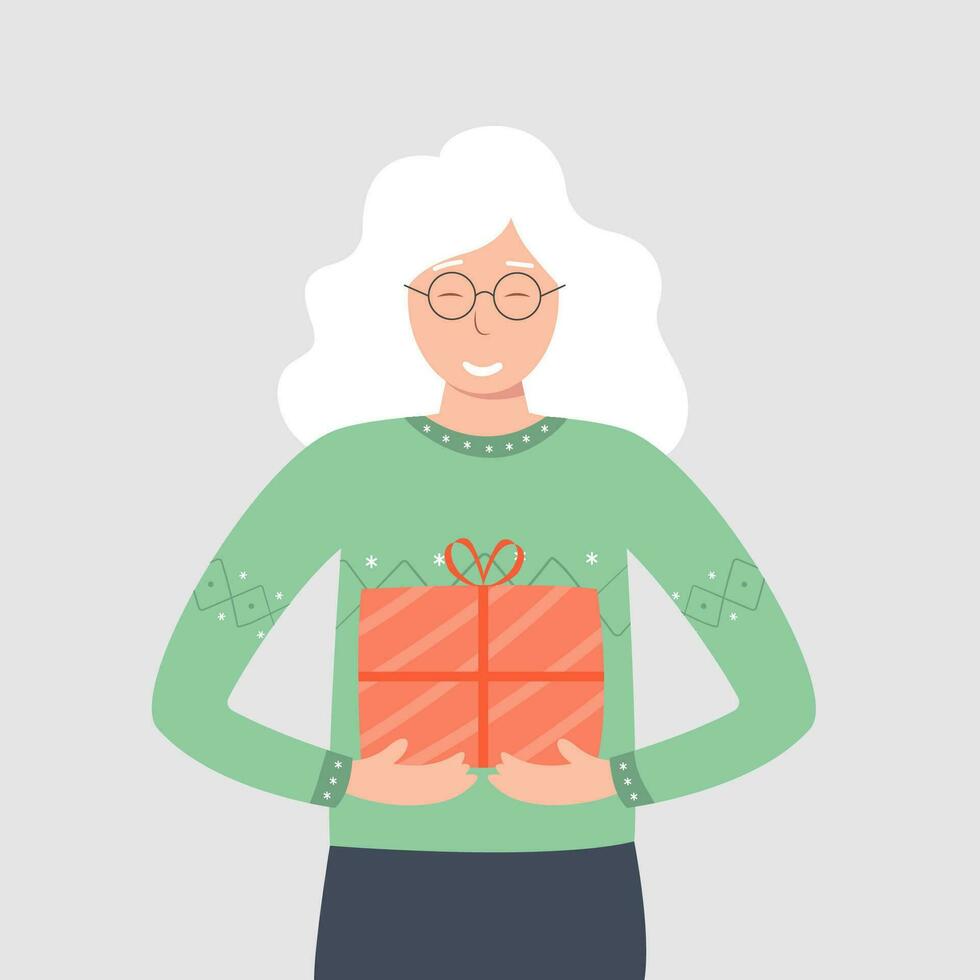 Cute oldest grandma in a sweater with a holiday gift. New Year's and Christmas vector