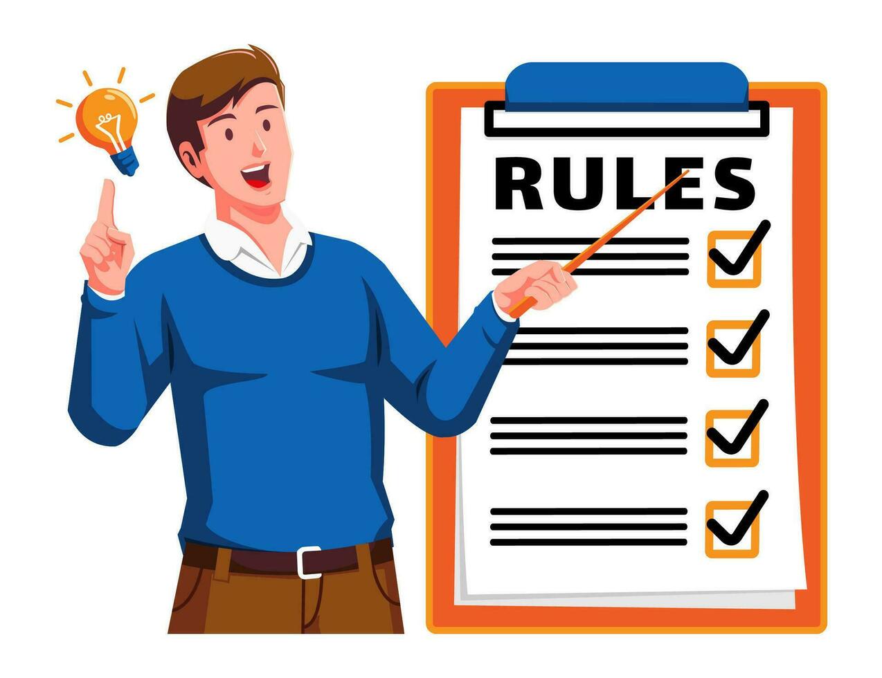 a Man holding a Clipboard with Rules Checklist and light blub vector