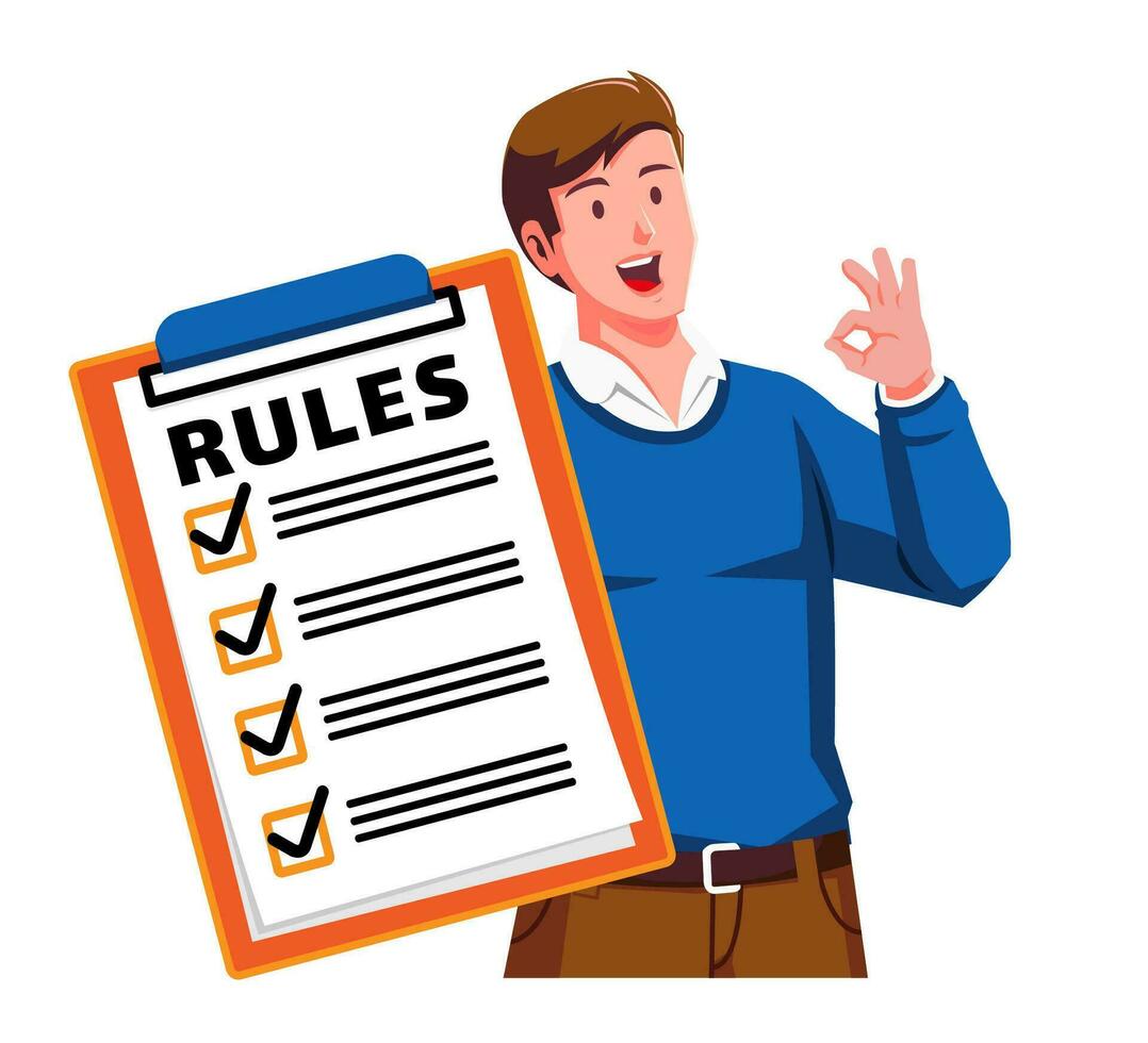 a Man holding a Clipboard with Rules and Checklist vector