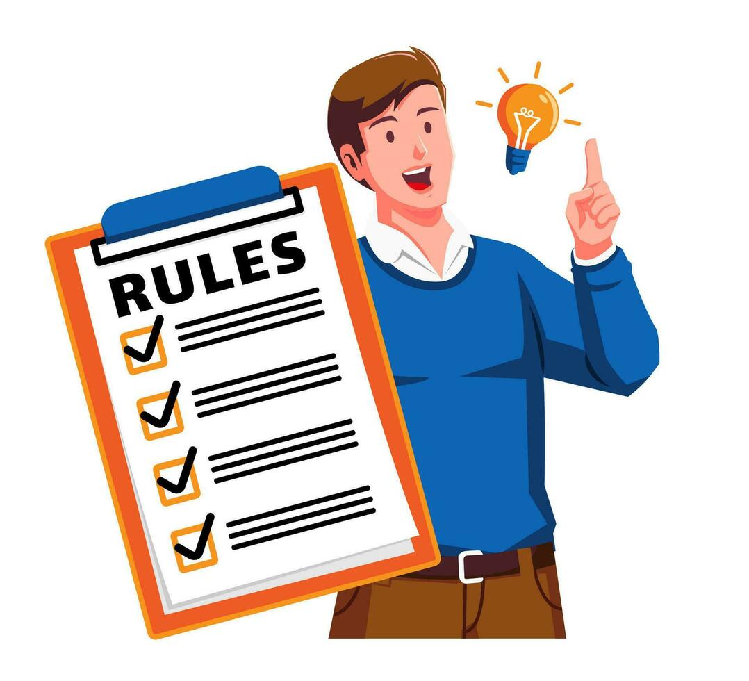 a Man holding a Clipboard with Rules Checklist and light blub vector