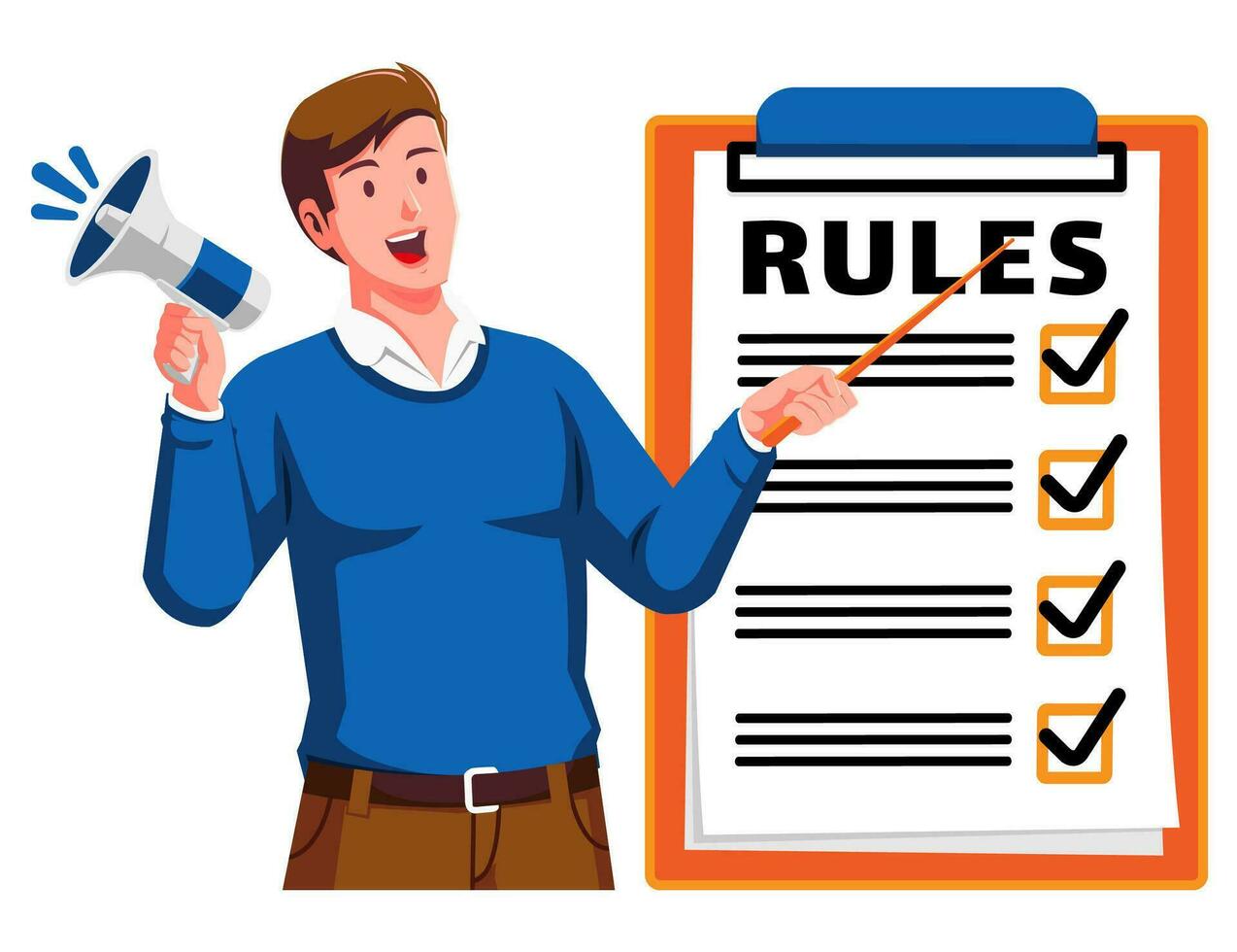 a Man holding a Clipboard with Rules Checklist and megaphone vector