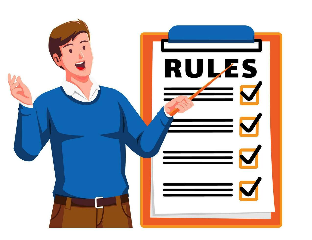 a Man holding a Clipboard with Rules and Checklist vector