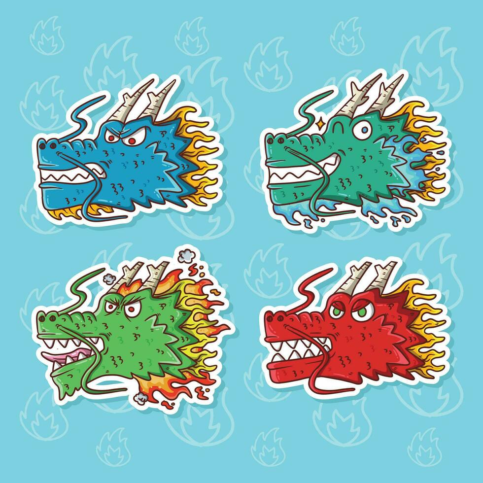 Set of cartoon dragon head Illustration sticker clip art isolated. Hand drawn dragon vector illustration.