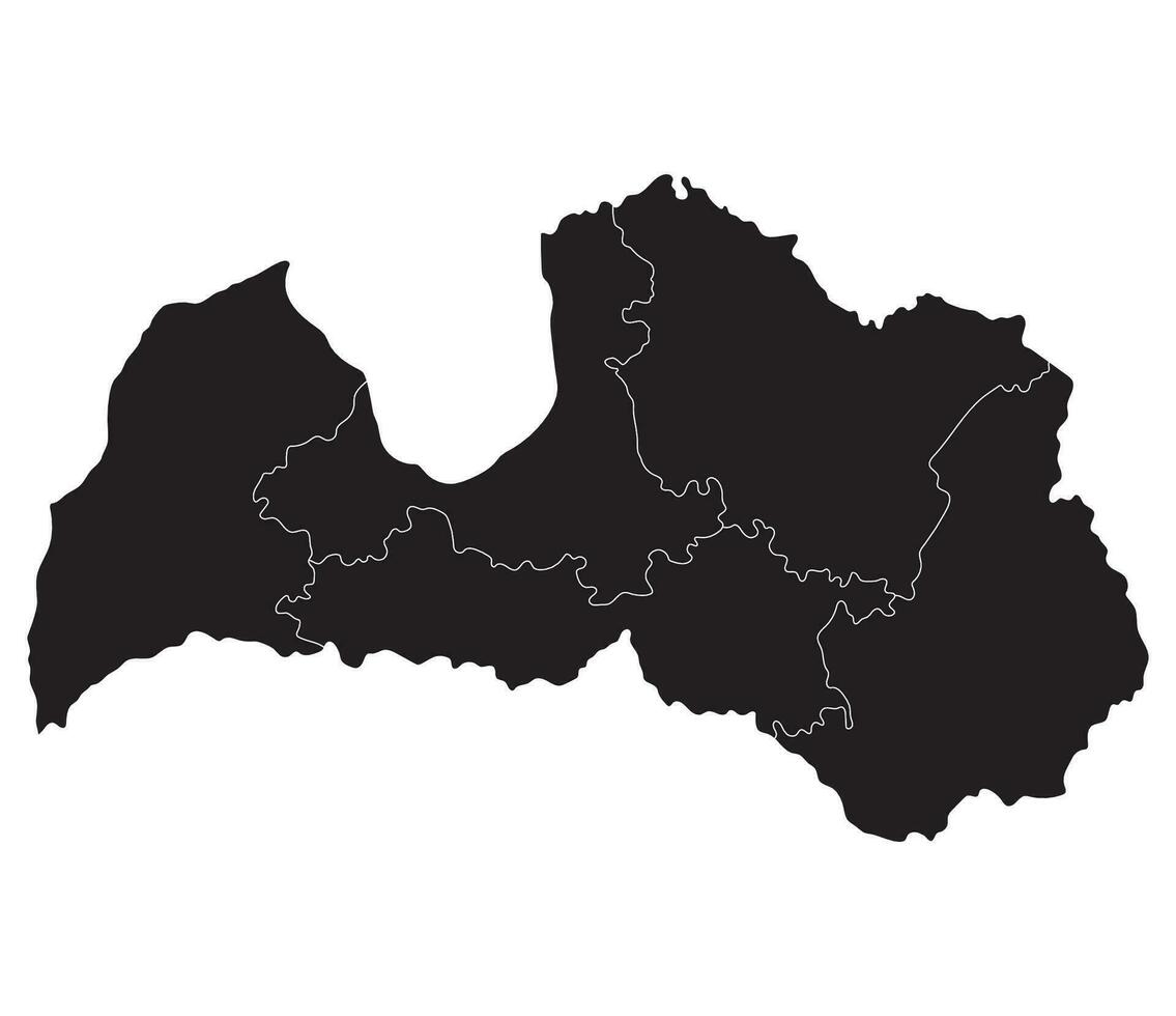 Letonia mapa. mapa de Letonia dividido dentro cinco principal regiones en negro color vector