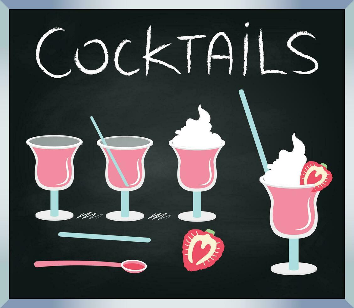 Chalk sketch of cocktails on black background vector