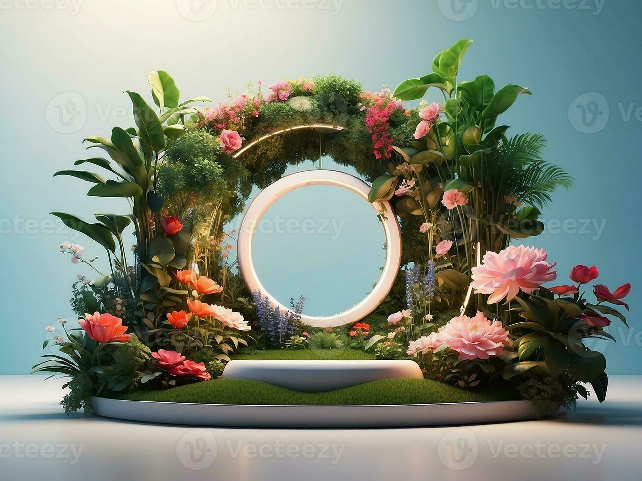 ai generado magia jardín con flores y un redondo portal brillante verano foto