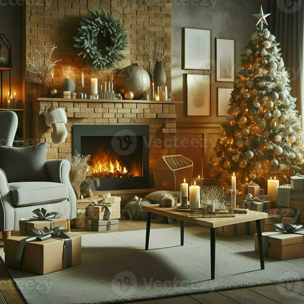 AI generated a living room with a fireplace, christmas tree and presents photo