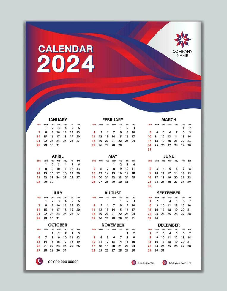 Wall calendar 2024 template on red wave background, calendar 2024 design, desk calendar 2024 design, Week start Sunday, flyer, Set of 12 Months, organizer, planner, printing media vector