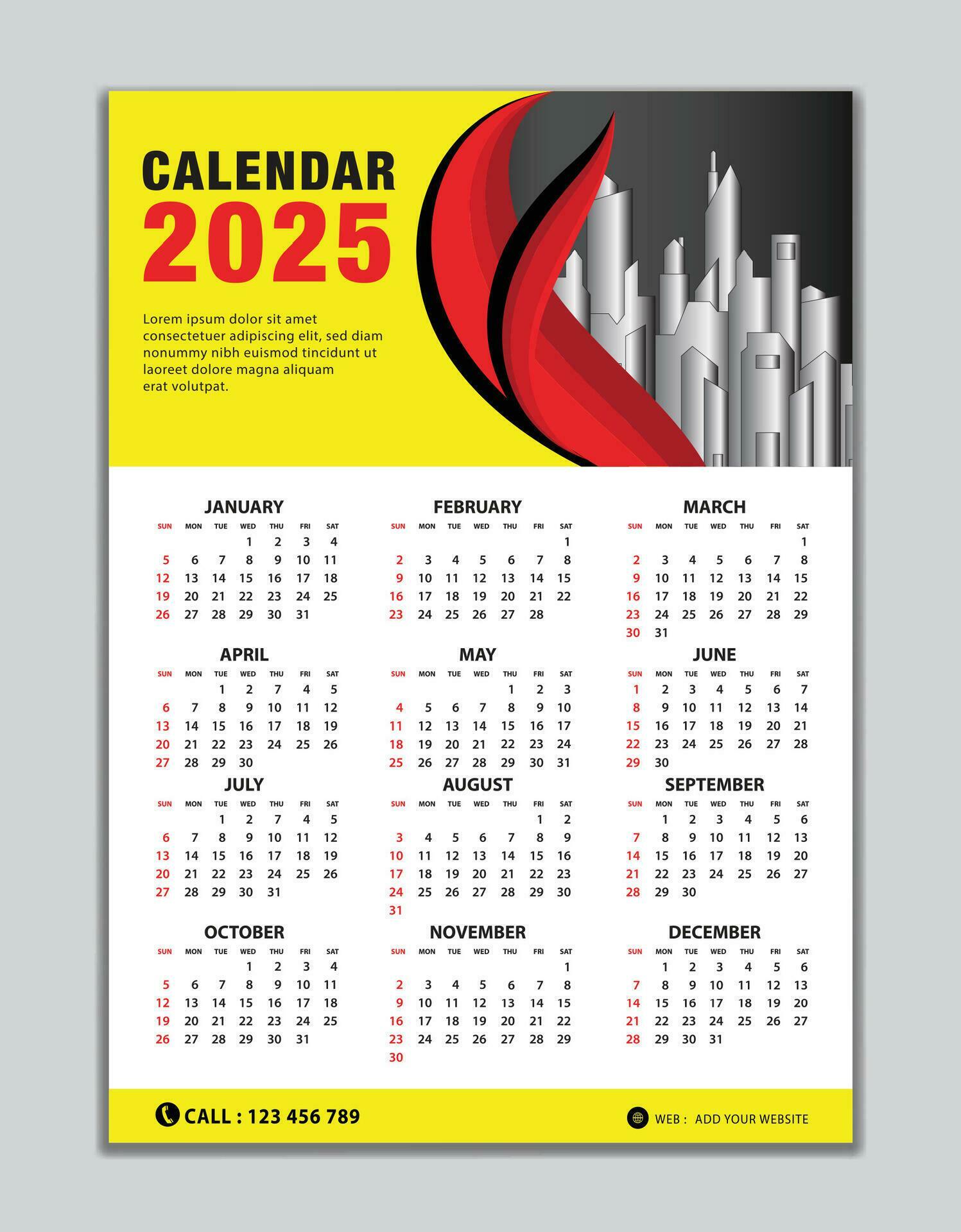 Wall calendar 2025 template on yellow background, calendar 2025 design