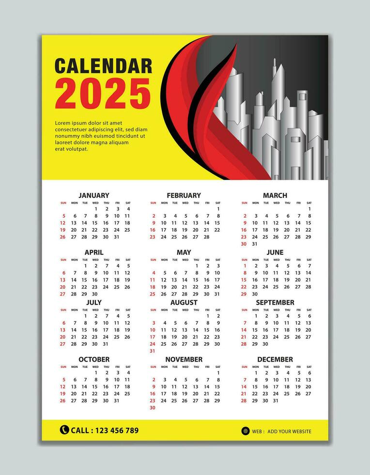 pared calendario 2025 modelo en amarillo fondo, calendario 2025 diseño, escritorio calendario 2025 diseño, semana comienzo domingo, volantes, conjunto de 12 meses, organizador, planificador, impresión medios de comunicación vector