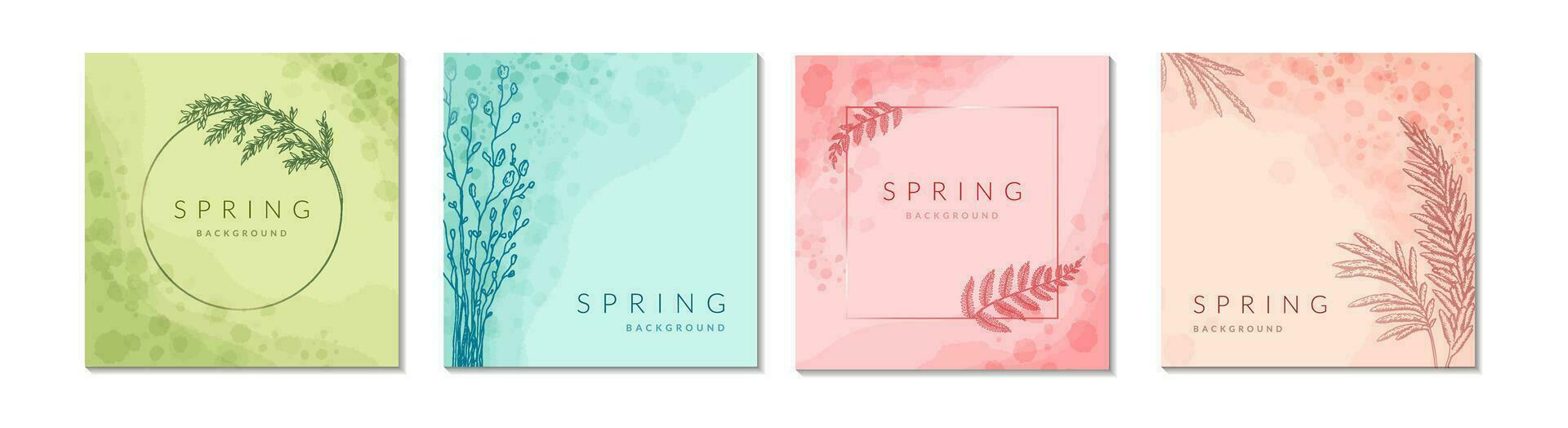Spring elegant floral watercolor abstract background set. Square and circle flower frames. Social media post, presentation, greeting card, spa, jewellery, beauty salon, wedding invitation template. vector