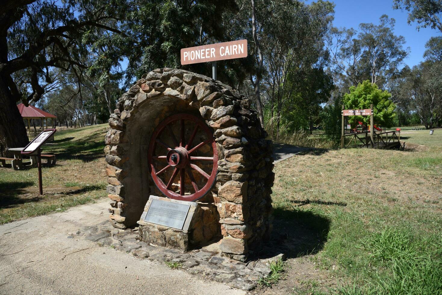 Jindera, New South Wales, Australia - 17 Dec 2023 - Pioneer Park Jindera stands the Pioneer Cairn, a monument to the original settlers of the area and their journey to Jindera. photo