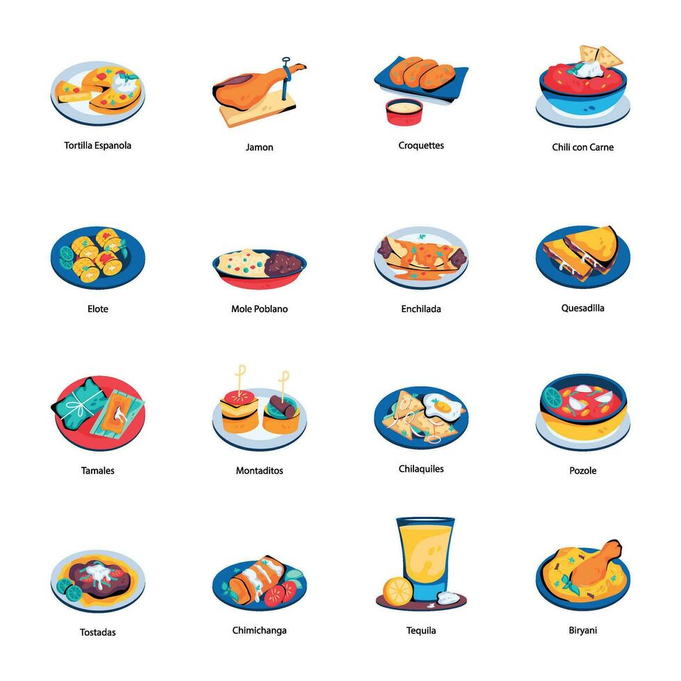 Pack of Traditional Dishes Flat Icons vector