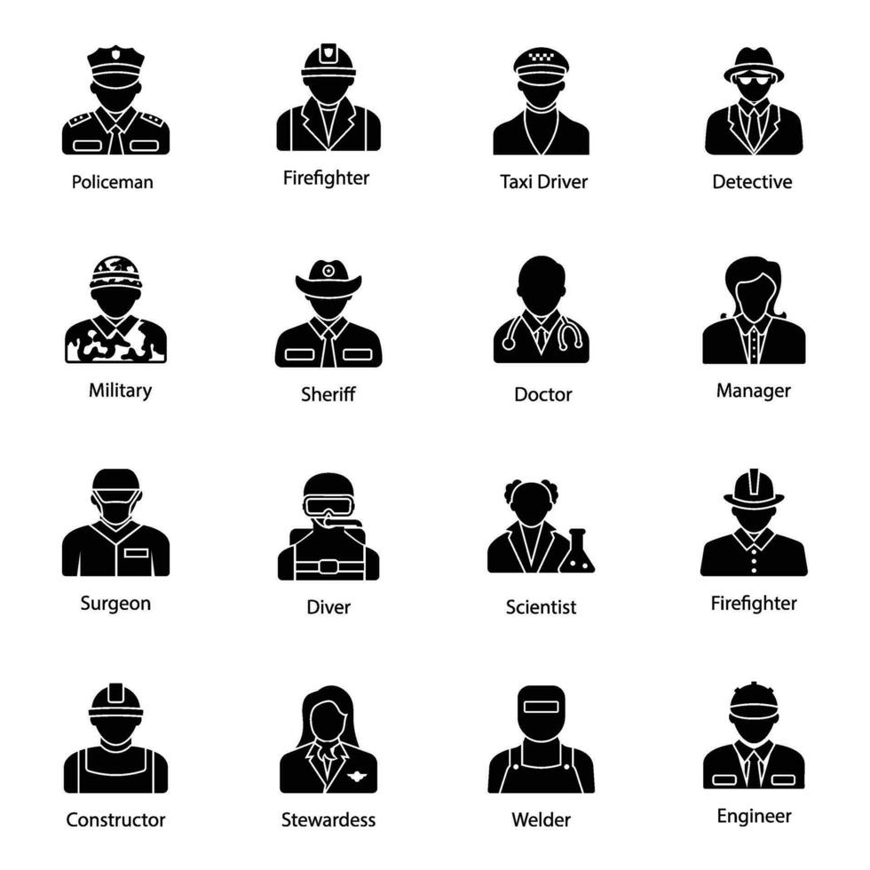 Professions Glyph Vector Icons Set