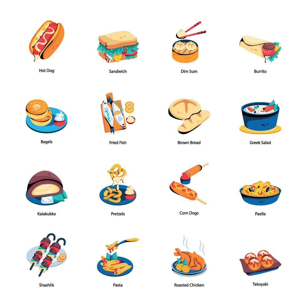 Collection of Classic Cuisines Flat Icons vector