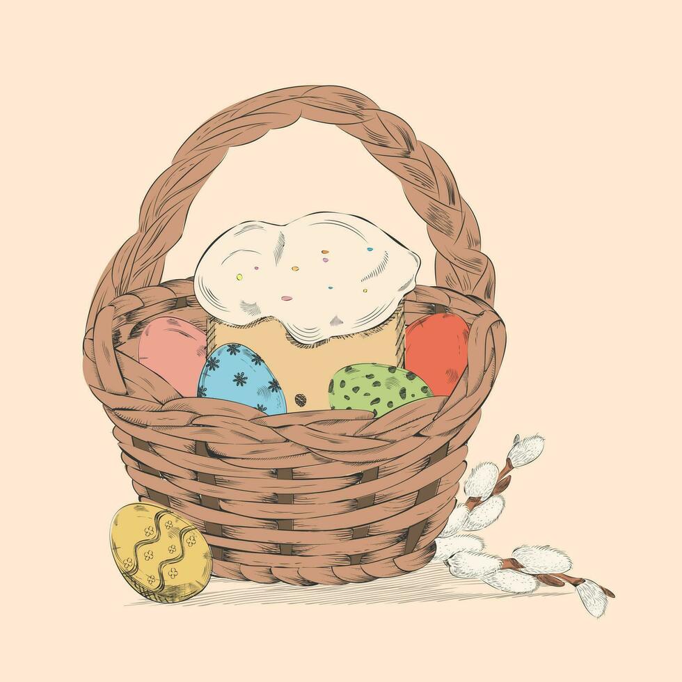 Line art color sketch of Easter basket with eggs and Easter cupcake. Hand drawn vintage vector illustration on textured beige paper background