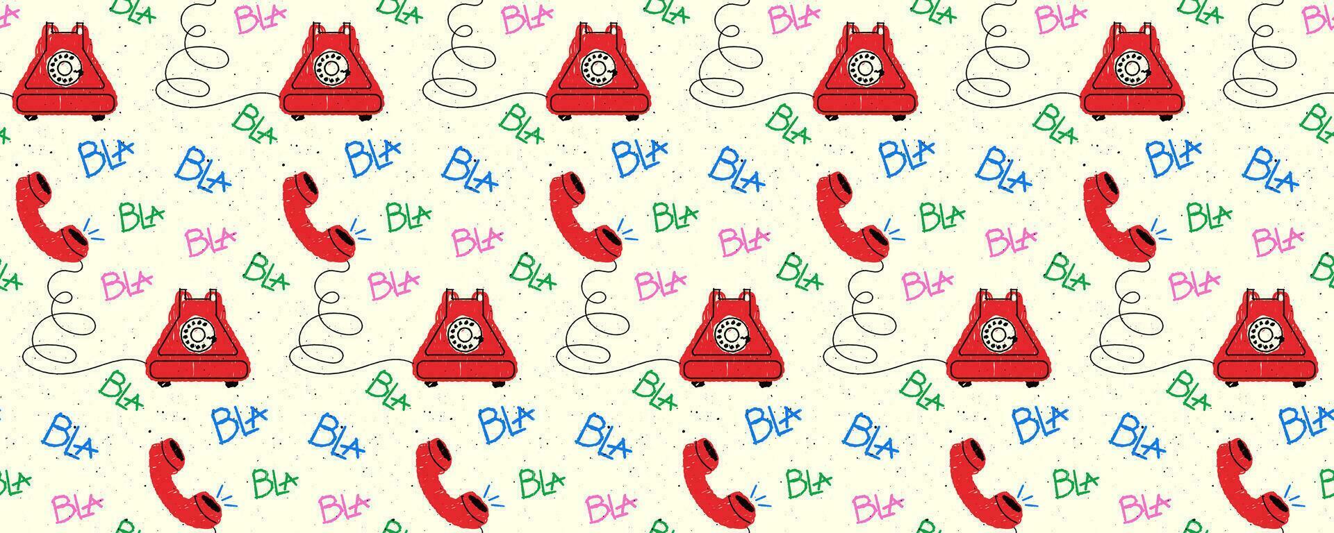 Old telephone in scribble style. Vector seamless pattern of naive art with scuff marks.