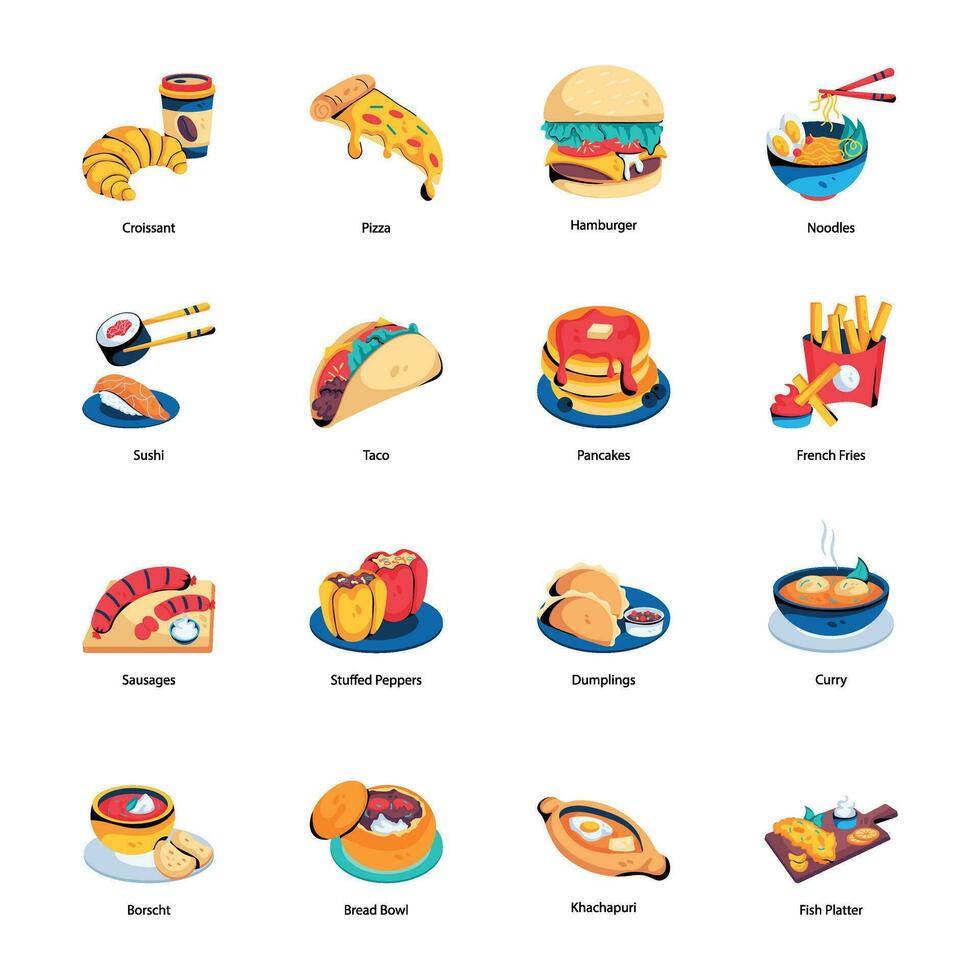 Pack of 16 Classic Food Flat Icons vector