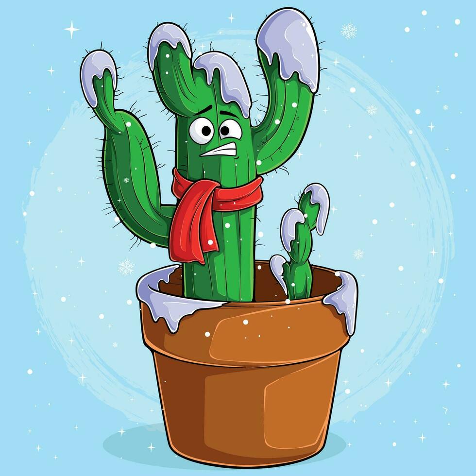Frozen Cactus Hand-Drawn Vector Illustration of a Cactus Covered in Snow and Wearing a Red Scarf